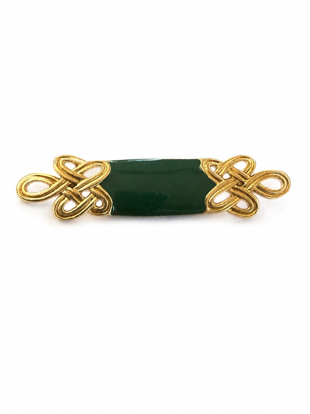 Vintage Monet Green Enamel Gold Tone Celtic Knot Bar Brooch Signed Statement Pin